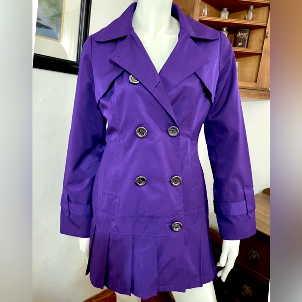 Guess Lightweight Purple Double Breasted Trench Coat with Flirty Pleated Peplum